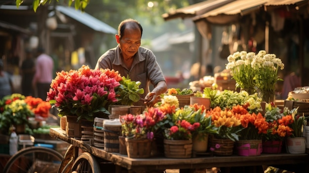 Um homem em uma florista arranjando um carrinho cheio de flores vibrantes