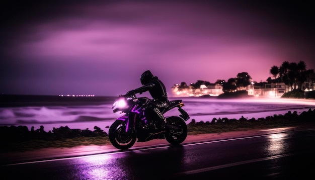 Um homem em uma motocicleta em frente a um céu roxo com luzes acesas.