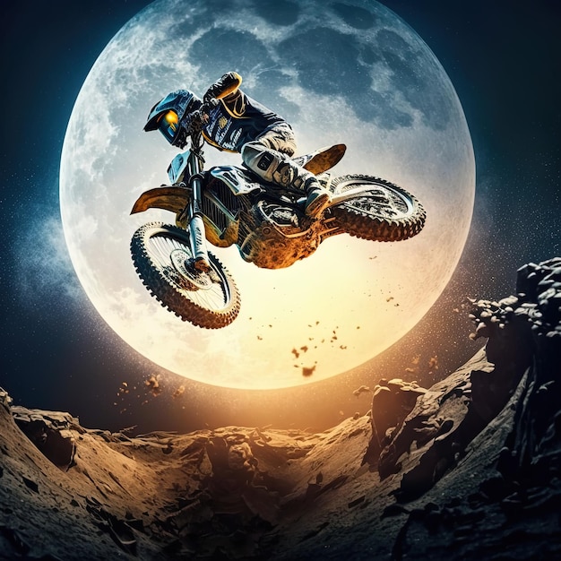 Um homem em uma motocicleta está voando na frente de uma lua cheia.