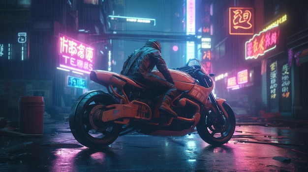 Um homem em uma motocicleta na chuva na cidade cyberpunk