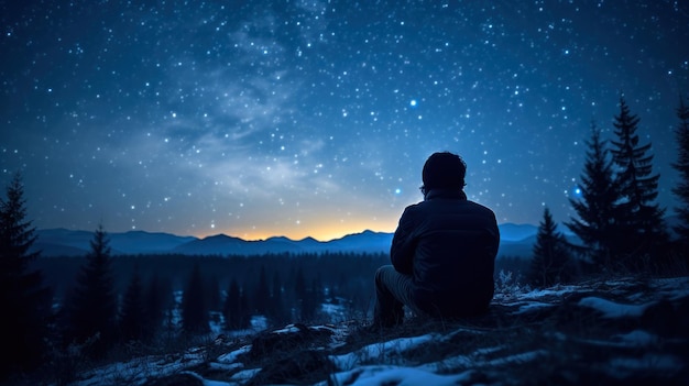 Um homem em uma pedra admirando o céu estrelado generativo ai