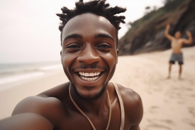 Um homem em uma praia sorrindo e vestindo uma blusa.