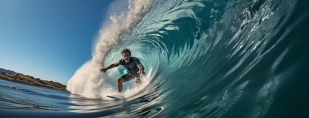 Um homem em uma prancha de surf montando uma onda no oceano