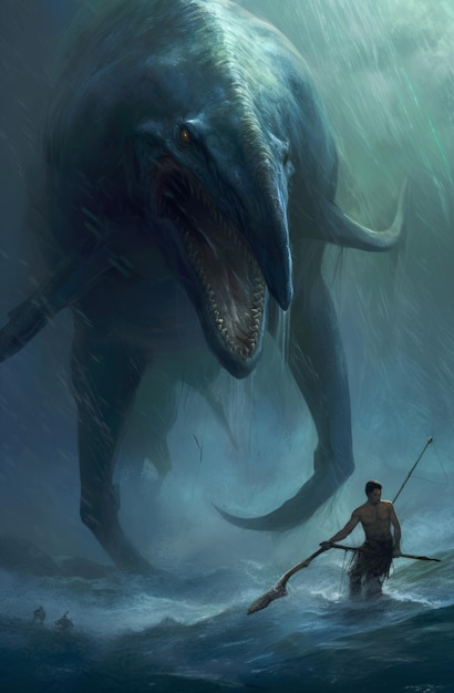 Um homem em uma roupa de mergulho está na frente de um monstro marinho gigante.