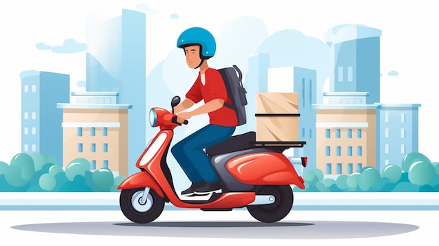 Foto um homem em uma scooter com caixas nas costas.