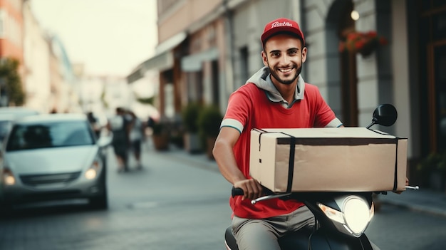 um homem em uma scooter com uma caixa nas costas.