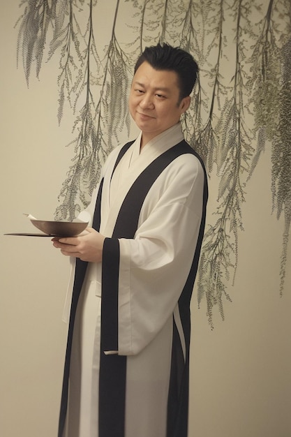 Foto um homem em uma túnica chinesa está em frente a uma parede com plantas atrás dele.