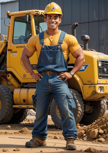 um homem em uniforme de construção de pé ao lado de um touro