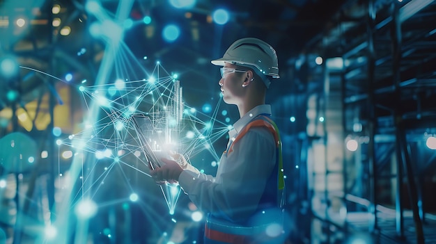 Foto um homem em uniforme de construção está em frente a uma luz azul