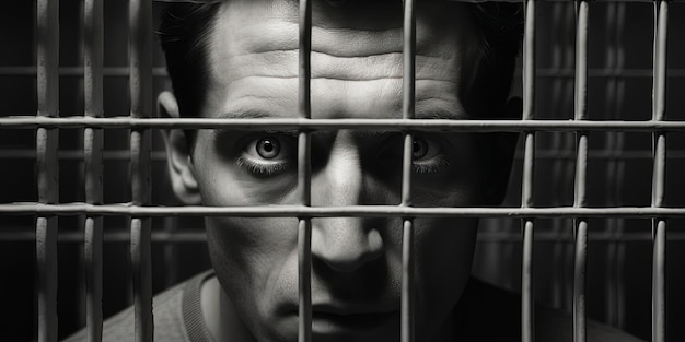 Foto um homem enfrenta e olha para alguém através de uma parede de vidro da prisão no estilo preto e branco