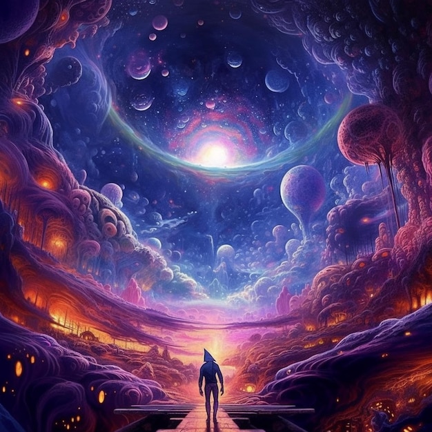 Um homem entrando em uma galáxia com um céu roxo e um planeta ao fundo.