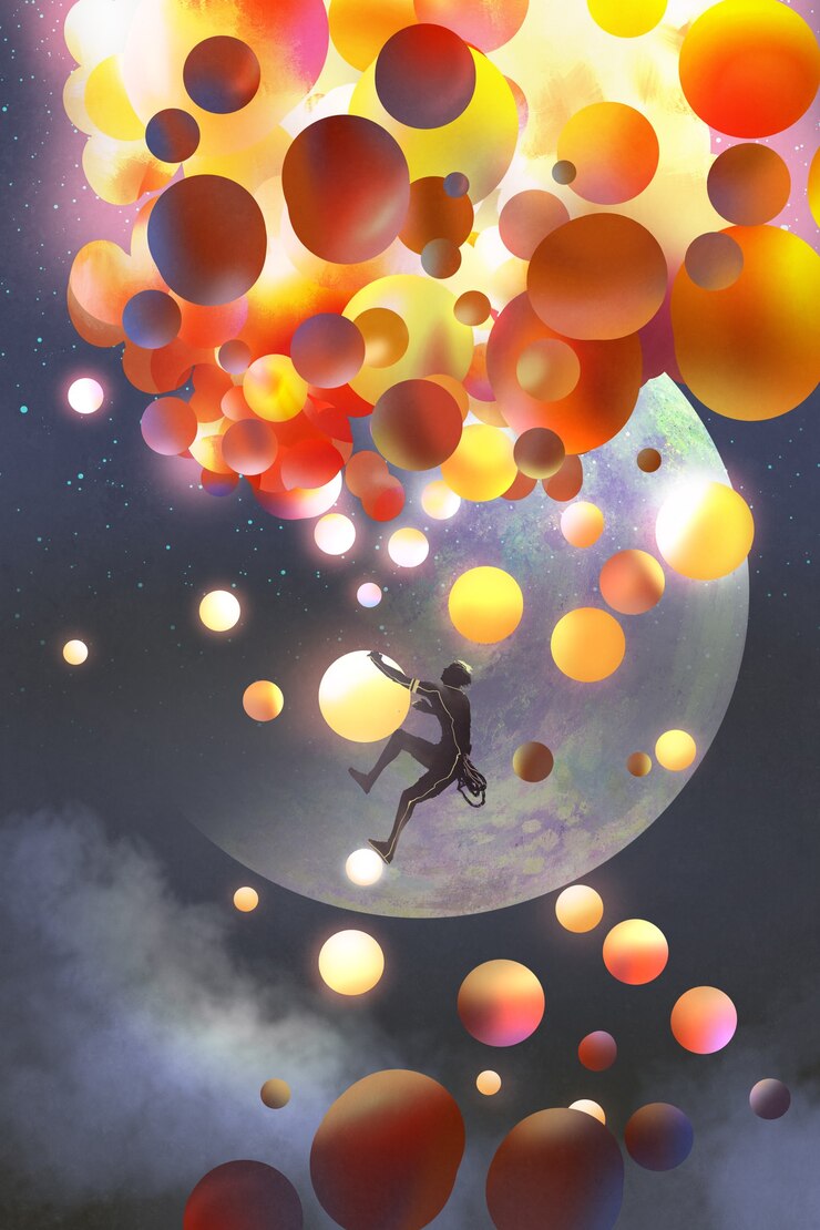 Foto um homem escalando balões de fantasia contra um fundo de planetas fictícios, pintura de ilustração