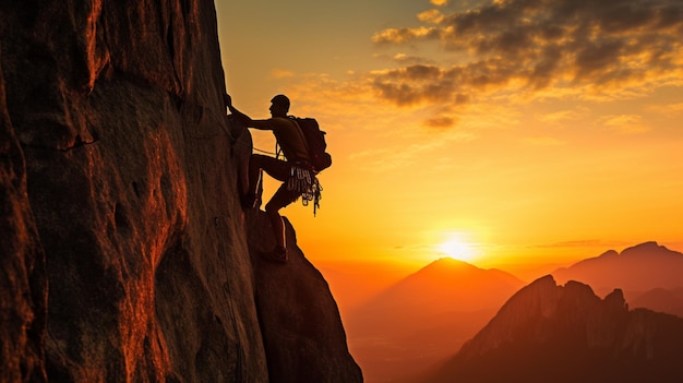 Um homem escalando uma montanha com o sol se pondo atrás dele