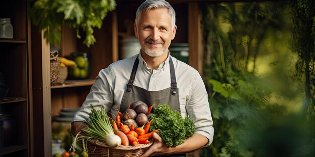 Um homem escandinavo de meia-idade sorridente com a sua plantação de legumes no jardim Produtos naturais como a base da saúde em qualquer idade Ele está de pé em avental na estufa com uma cesta de legumes