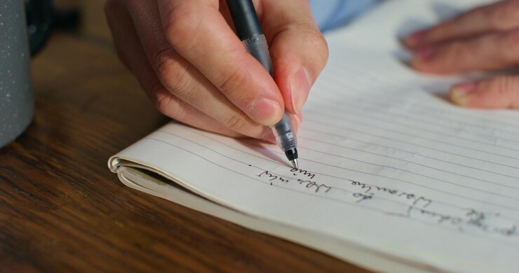 Foto um homem escreve num caderno em casa.