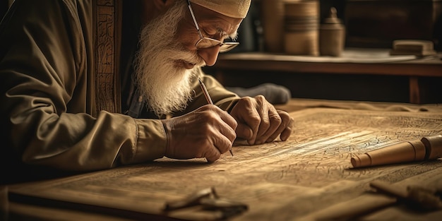 Um homem escrevendo em um livro com uma caneta