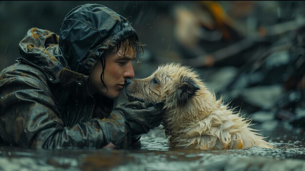 Foto um homem está a acariciar um cão na água.