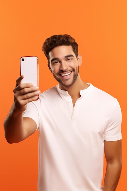 Foto um homem está a tirar uma selfie com um telemóvel.