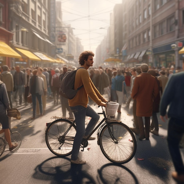 Um homem está andando de bicicleta por uma rua lotada