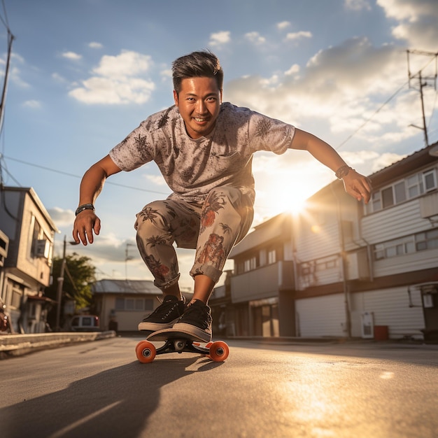 Um homem está andando de skate pela rua.