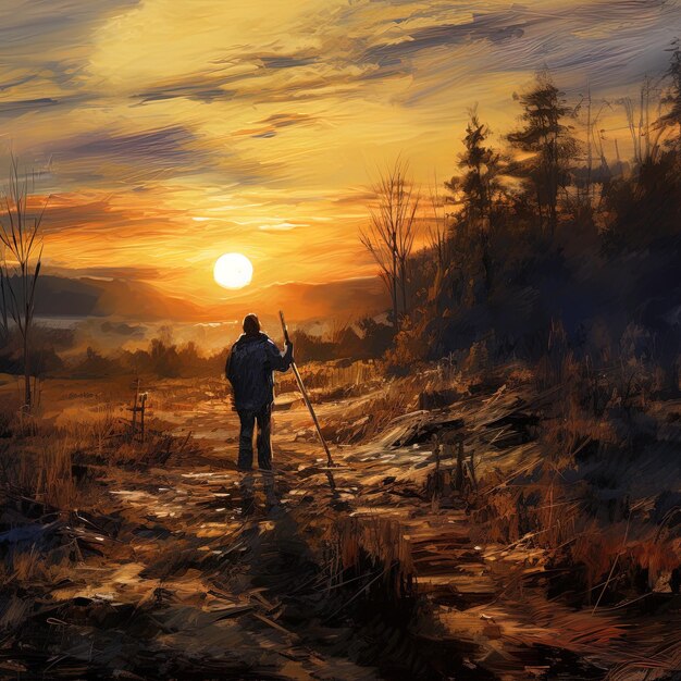 um homem está andando em um campo com o pôr do sol no fundo