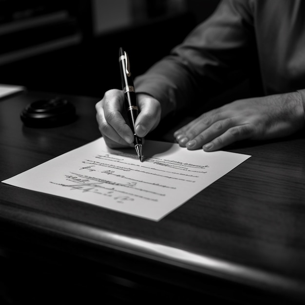 Um homem está assinando um documento com uma caneta.