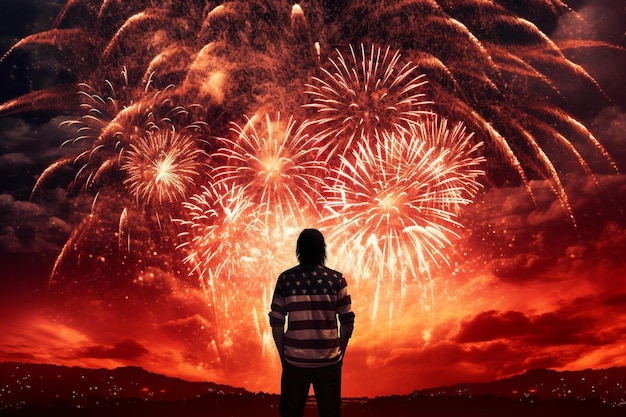 um homem está assistindo a fogos de artifício com a silhueta de um homem observando-o.