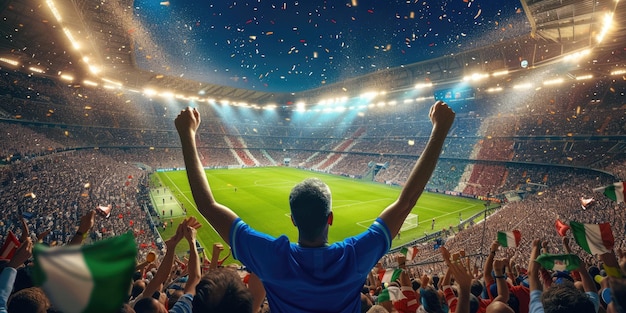 Um homem está assistindo a um jogo de futebol em um estádio com os braços no ar