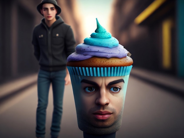 Um homem está caminhando pela rua com um cupcake com um rosto nele.