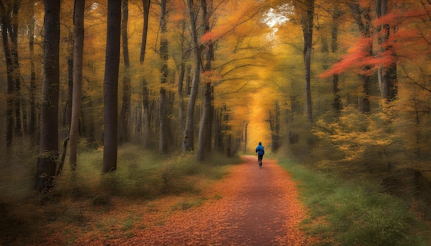 Um homem está caminhando por um caminho na floresta.