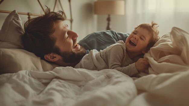 um homem está chorando enquanto seu filho está rindo na cama