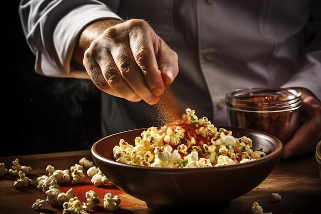 Foto um homem está colocando comida em uma tigela de comida.