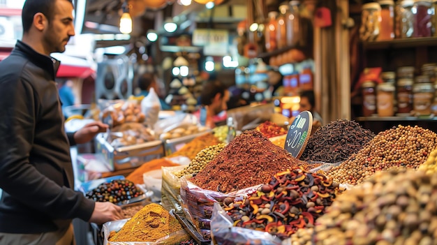 Um homem está comprando especiarias em um mercado. Ele está olhando para as diferentes especiarias e tentando decidir quais comprar.