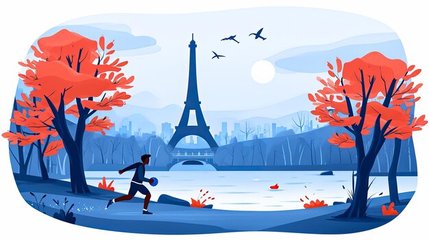 Um homem está correndo em um parque perto da Torre Eiffel
