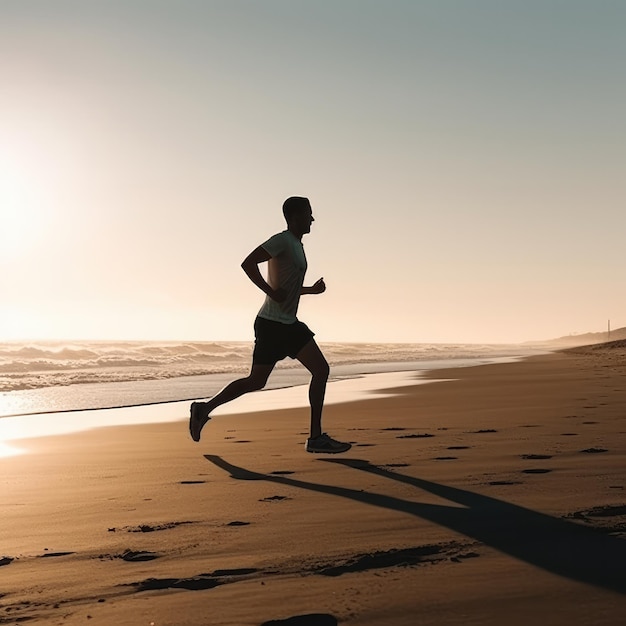 Um homem está correndo na praia e o sol está se pondo.