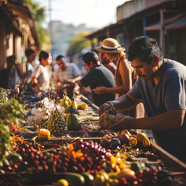 um homem está cortando frutas em um mercado com outras pessoas