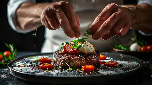 Foto um homem está cortando um bife com uma faca e um garfo