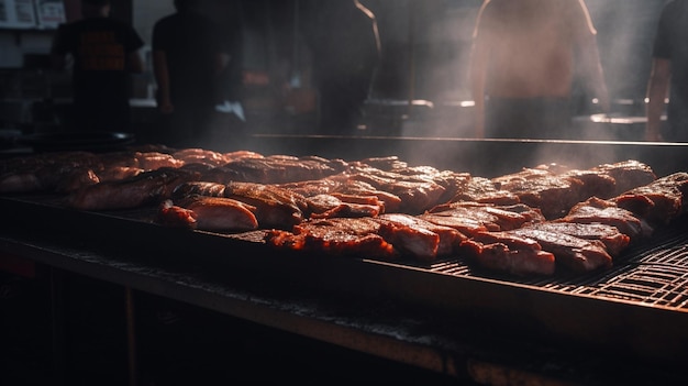 um homem está cozinhando carne em uma grelha com as palavras "carne" escritas.