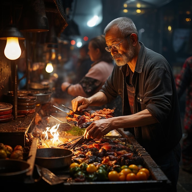 Um homem está cozinhando comida com uma lâmpada acima de sua cabeça