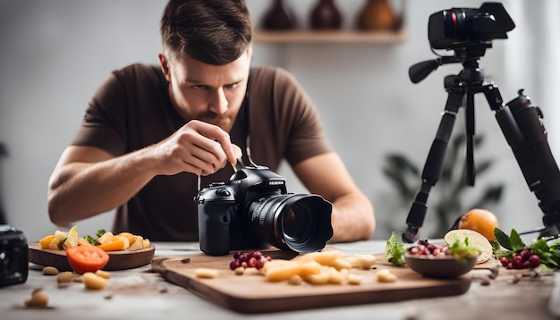 um homem está cozinhando comida em uma cozinha com uma câmera e uma câmera na mesa