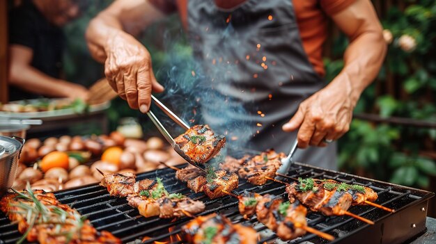 Um homem está cozinhando comida em uma grelha com uma variedade de carnes