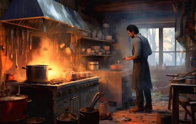 Um homem está cozinhando em uma cozinha