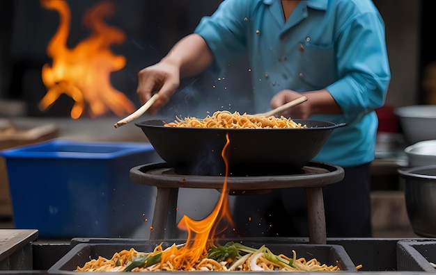 Foto um homem está cozinhando pad thai com uma panela em uma rua de comida