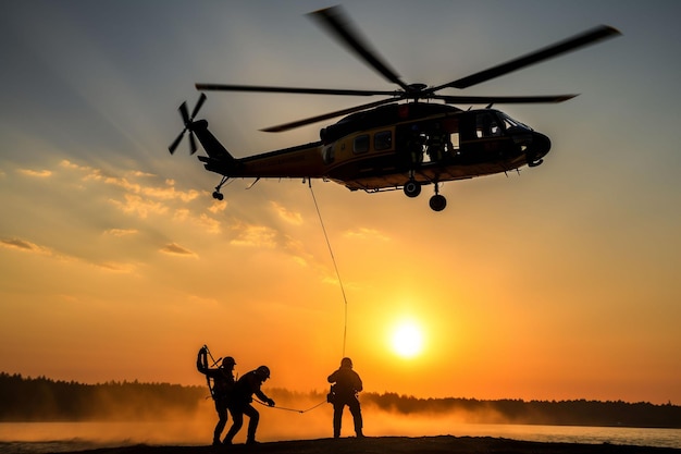 um homem está de pé ao lado de um helicóptero enquanto decola