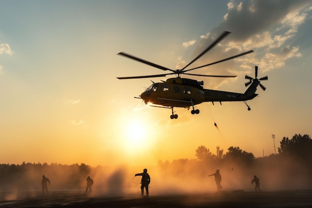 um homem está de pé ao lado de um helicóptero enquanto decola