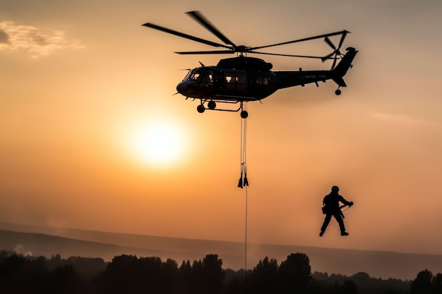 um homem está de pé ao lado de um helicóptero enquanto decola