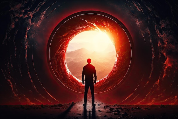 Um homem está de pé e olhando para os raios de sol vermelhos contra o pano de fundo de um portal do Tempo ou o círculo de luz de um buraco negro Arte fotográfica Romance de ficção científica Espaço para cópia