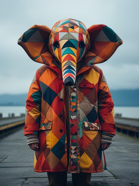 Um homem está de pé em um cais com uma jaqueta colorida