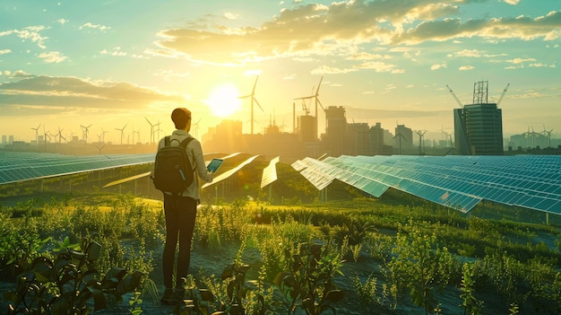 Um homem está de pé em um campo de painéis solares olhando para seu telefone