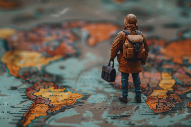 Foto um homem está de pé em um mapa do mundo com uma mochila e uma maleta